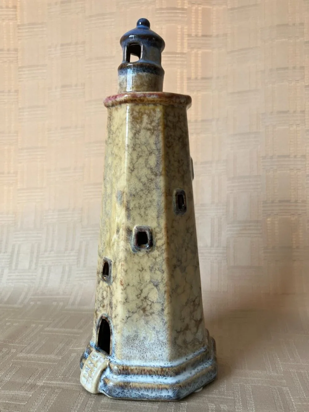 Ceramic Lighthouse Tealight Candle Holder 8 in Tall in Speckled Tan & Blue Hues